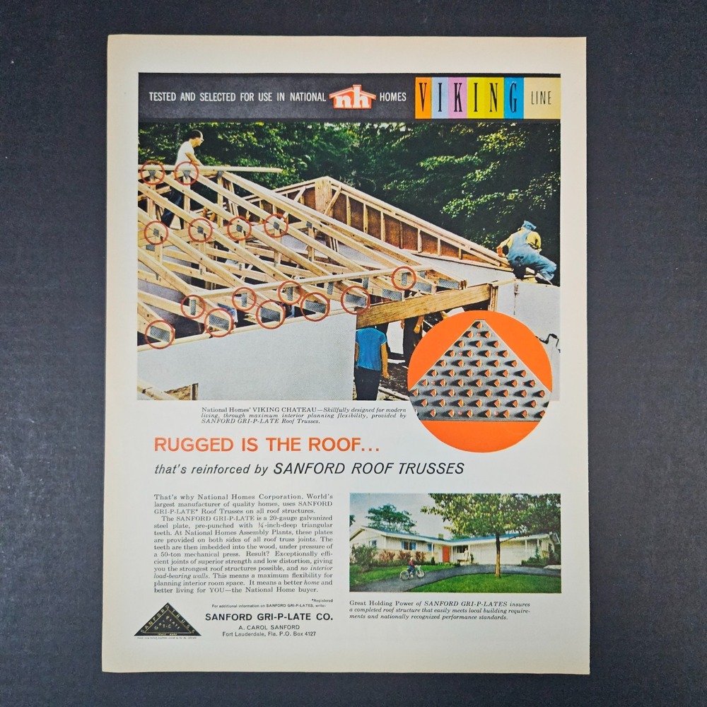 1959 Viking Line Homes A Carol Sanford Gri-P-Late Roof Trusses Vintage Print Ad